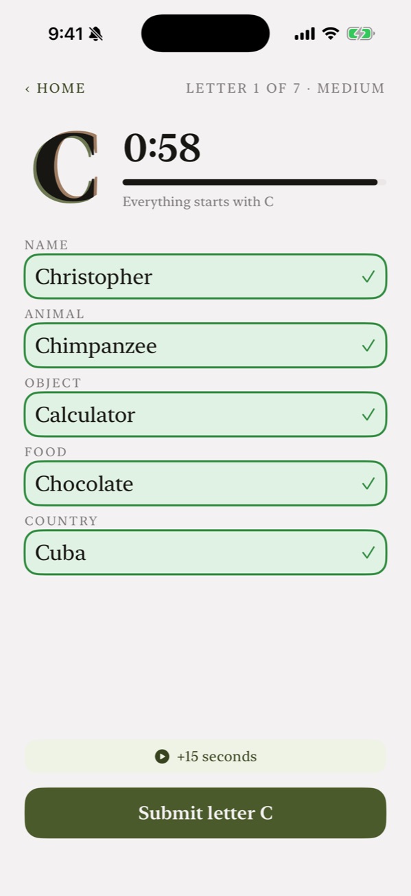 Round screen with five answers for the letter C marked correct.